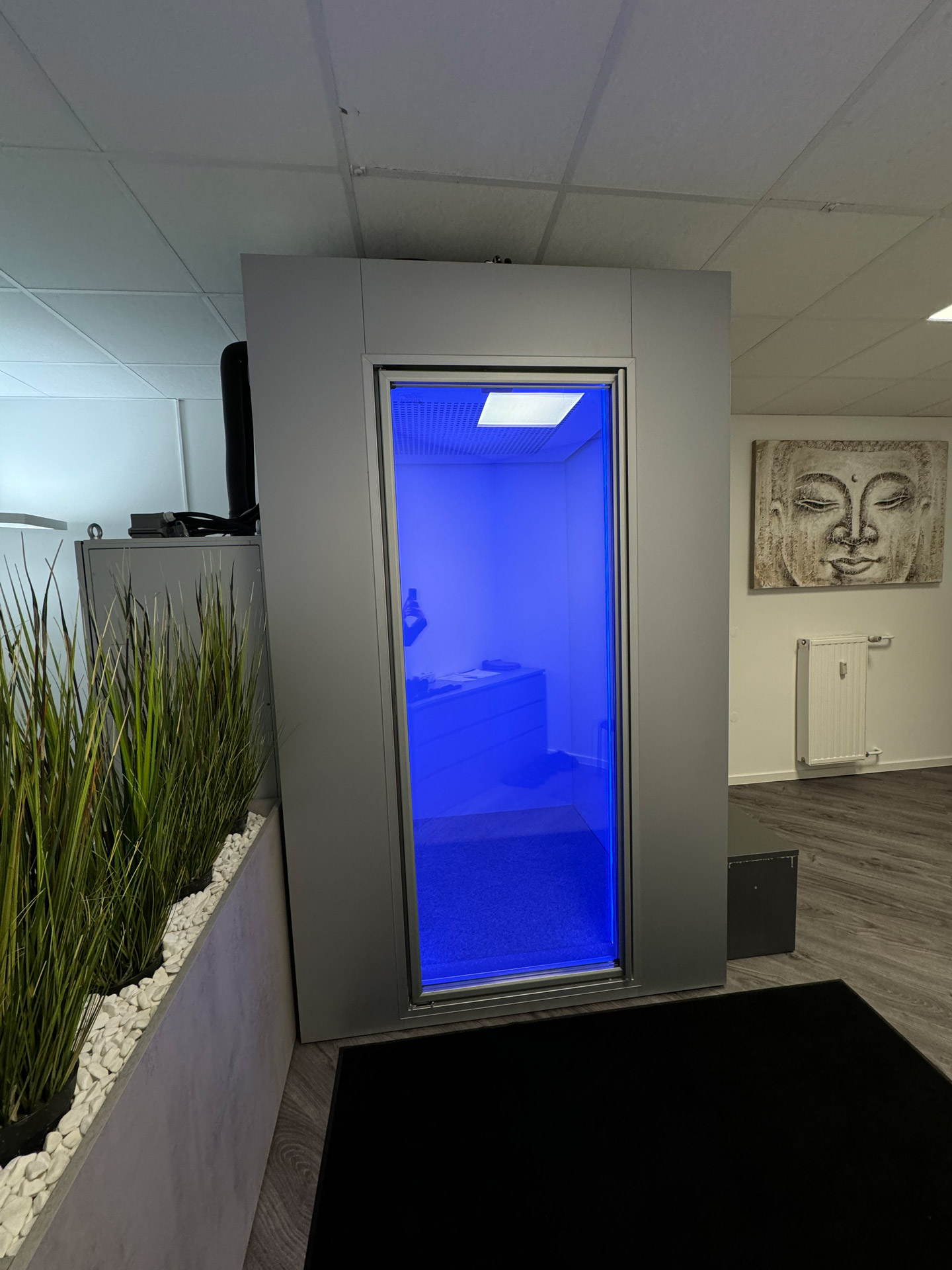 Blau beleuchtete Wellnesskabine im Raum mit Buddhabild und Pflanzen